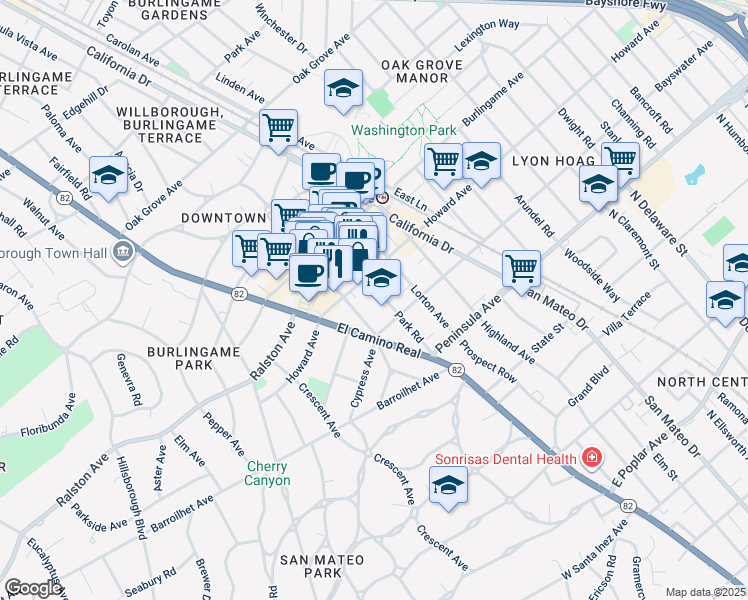 map of restaurants, bars, coffee shops, grocery stores, and more near 125 Park Road in Burlingame