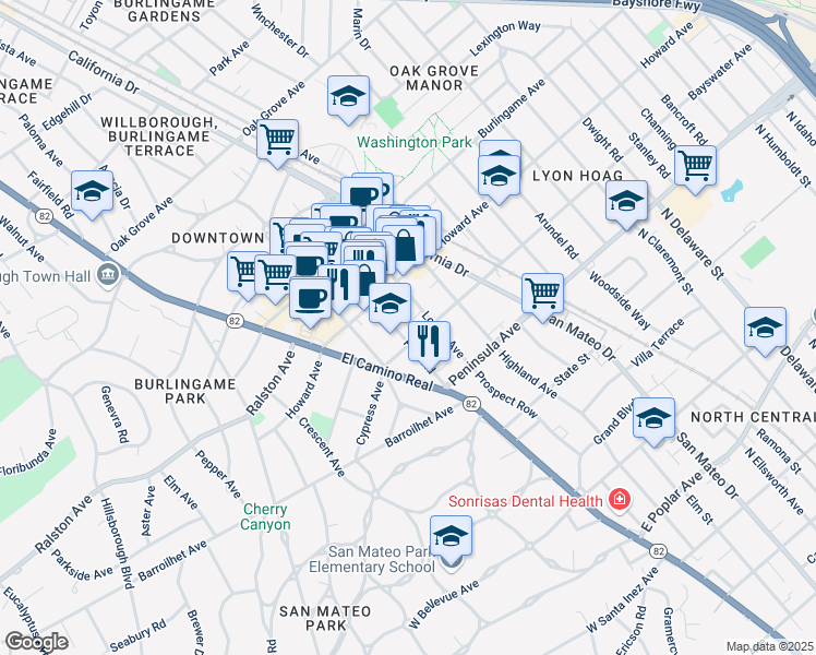 map of restaurants, bars, coffee shops, grocery stores, and more near 110 Park Road in Burlingame