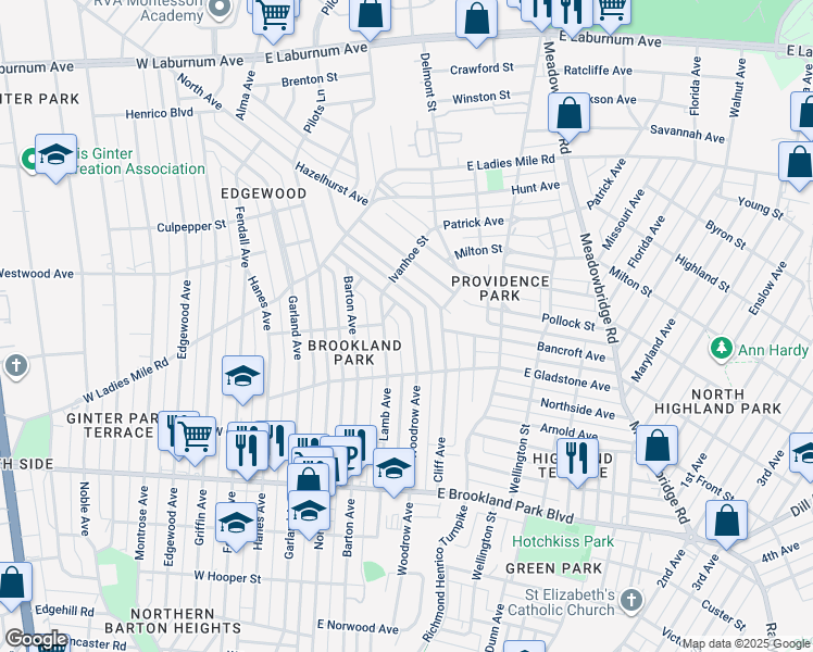 map of restaurants, bars, coffee shops, grocery stores, and more near 3220 Woodrow Avenue in Richmond