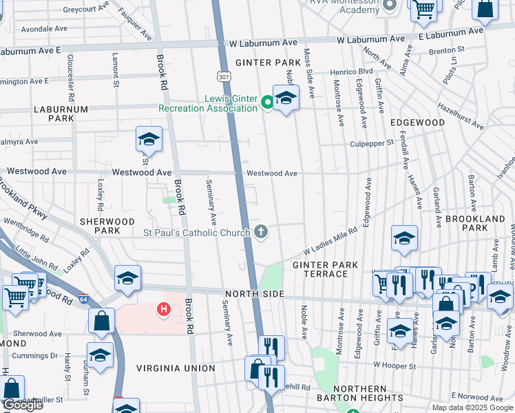 map of restaurants, bars, coffee shops, grocery stores, and more near 3207A Chamberlayne Avenue in Richmond