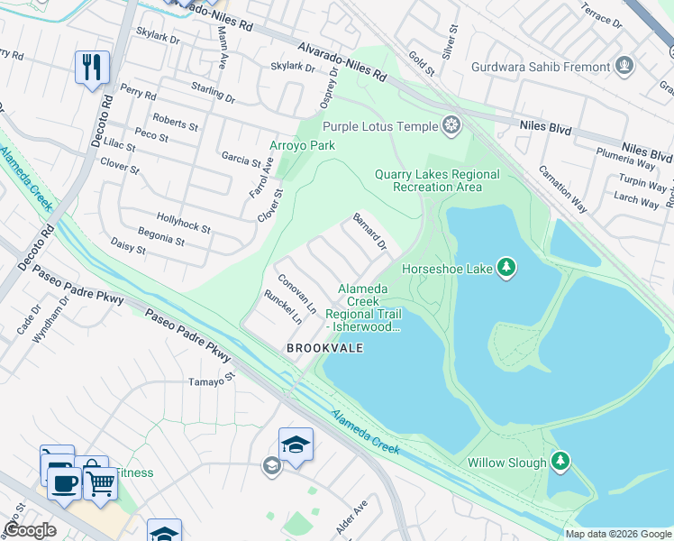 map of restaurants, bars, coffee shops, grocery stores, and more near 35683 Goldsmith Drive in Fremont