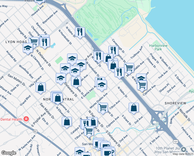 map of restaurants, bars, coffee shops, grocery stores, and more near 336 North Grant Street in San Mateo