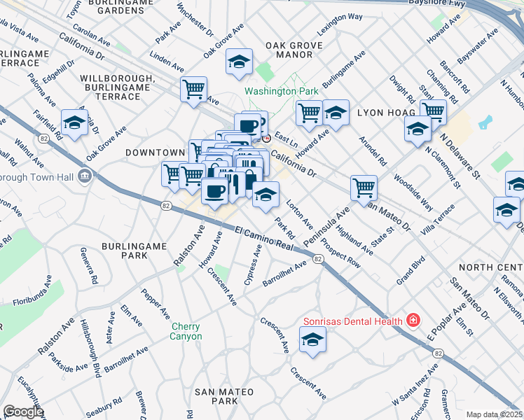 map of restaurants, bars, coffee shops, grocery stores, and more near 1345 Howard Avenue in Burlingame