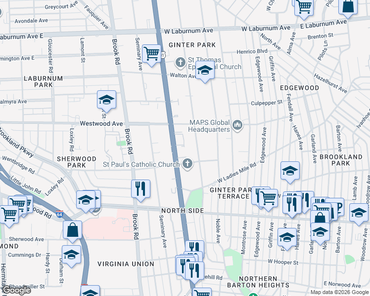map of restaurants, bars, coffee shops, grocery stores, and more near 3207A Chamberlayne Avenue in Richmond