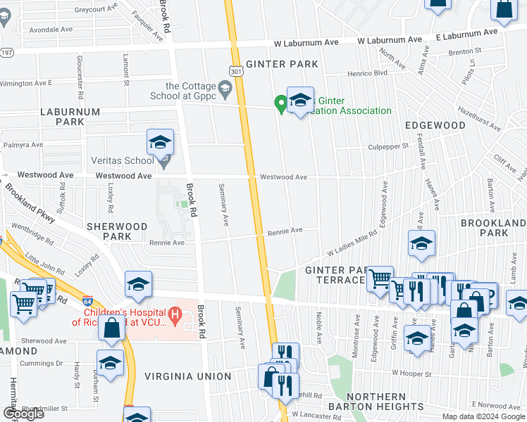 map of restaurants, bars, coffee shops, grocery stores, and more near 3207A Chamberlayne Avenue in Richmond