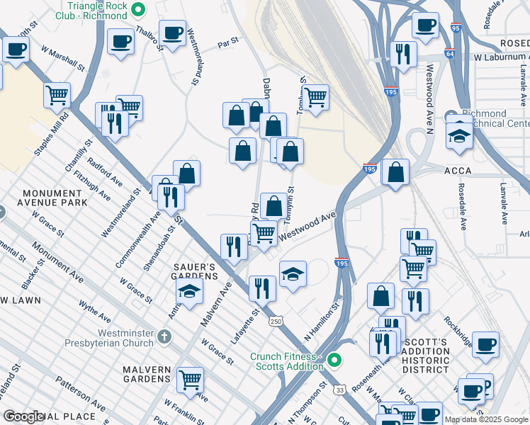map of restaurants, bars, coffee shops, grocery stores, and more near 1506 Tomlynn St in Richmond
