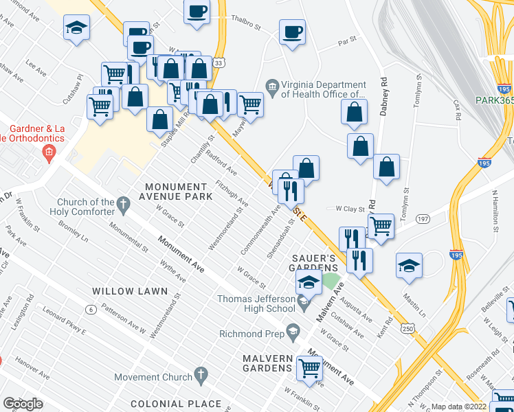 map of restaurants, bars, coffee shops, grocery stores, and more near 4524 Fitzhugh Avenue in Richmond
