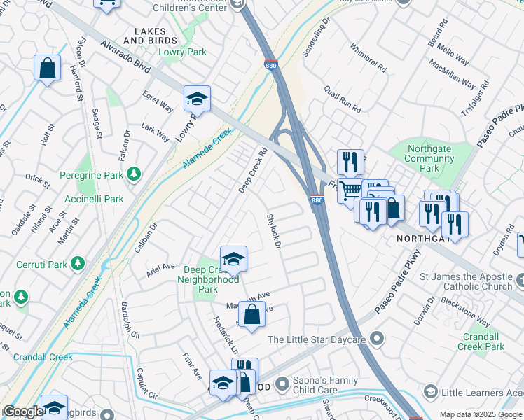 map of restaurants, bars, coffee shops, grocery stores, and more near 33787 Shylock Drive in Fremont