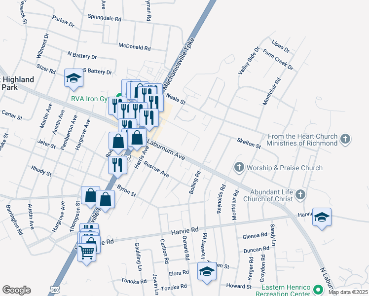 map of restaurants, bars, coffee shops, grocery stores, and more near 3805 Candlegrove Court in Richmond