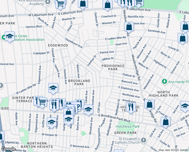 map of restaurants, bars, coffee shops, grocery stores, and more near 3221 Woodrow Avenue in Richmond