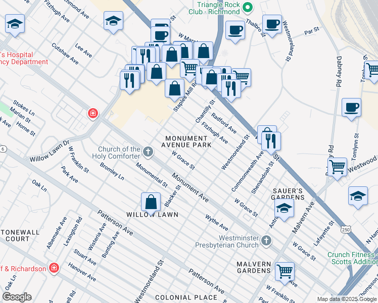 map of restaurants, bars, coffee shops, grocery stores, and more near 4711 Cutshaw Avenue in Richmond