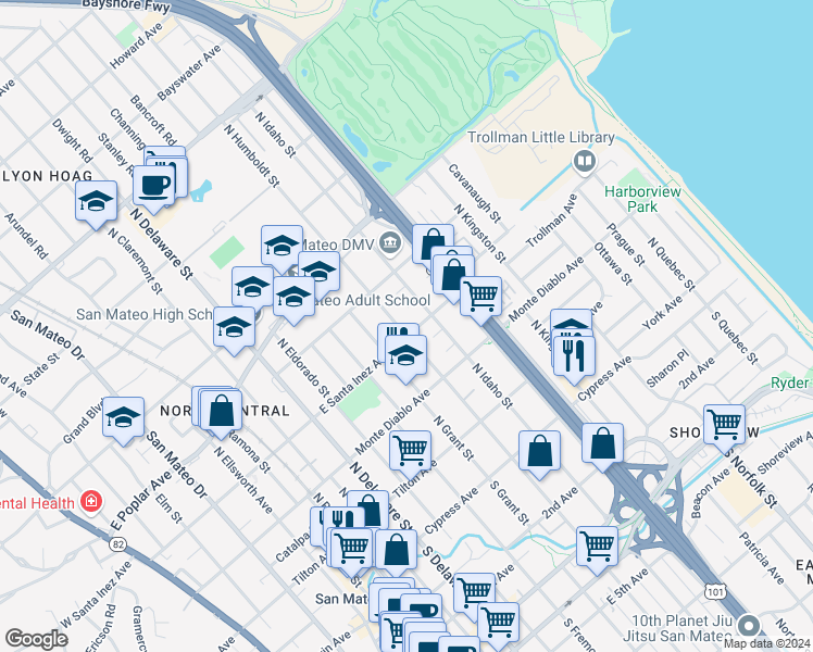 map of restaurants, bars, coffee shops, grocery stores, and more near 306 North Humboldt Street in San Mateo