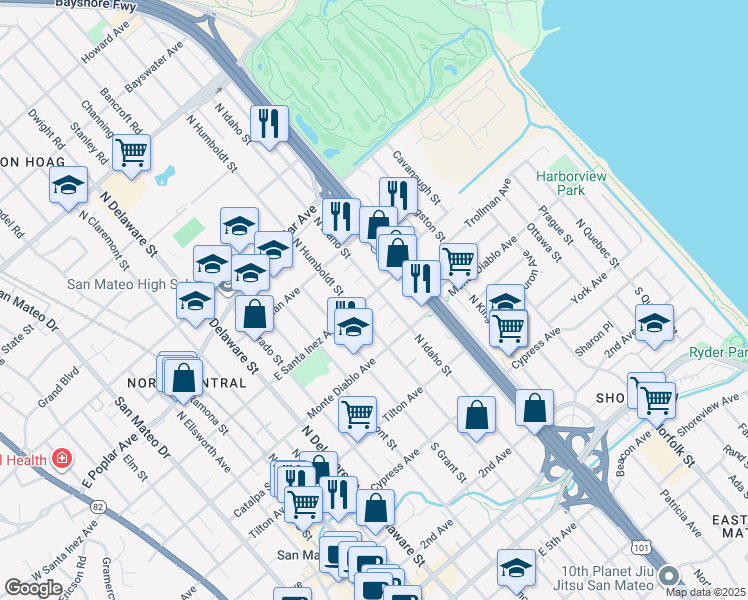 map of restaurants, bars, coffee shops, grocery stores, and more near East Santa Inez Avenue in San Mateo
