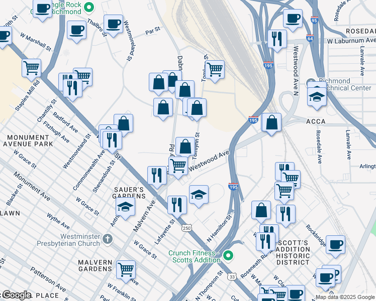 map of restaurants, bars, coffee shops, grocery stores, and more near 1506 Tomlyn Street in Richmond
