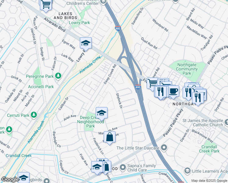 map of restaurants, bars, coffee shops, grocery stores, and more near 33787 Shylock Drive in Fremont