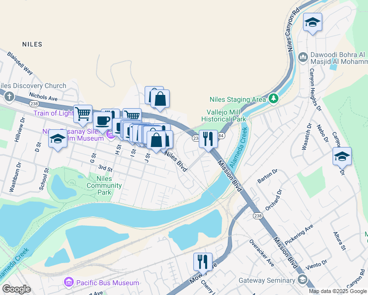 map of restaurants, bars, coffee shops, grocery stores, and more near Essanay Place in Fremont