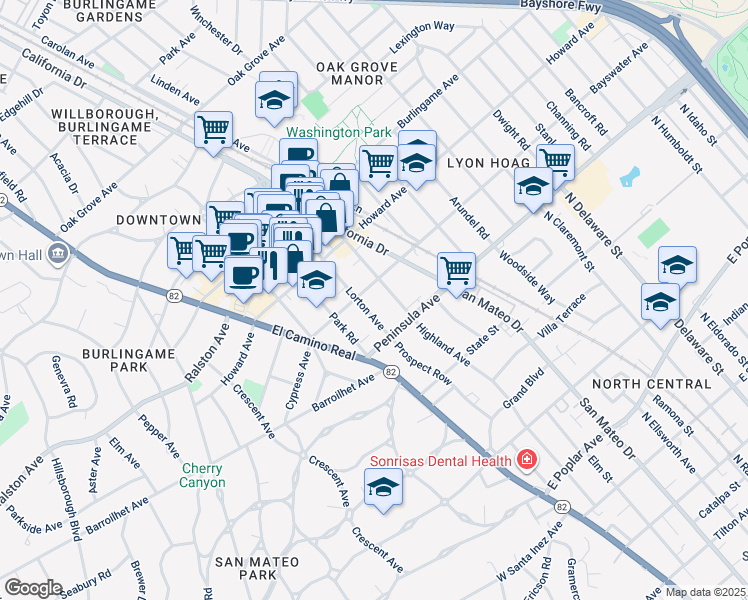 map of restaurants, bars, coffee shops, grocery stores, and more near 38 Lorton Avenue in Burlingame