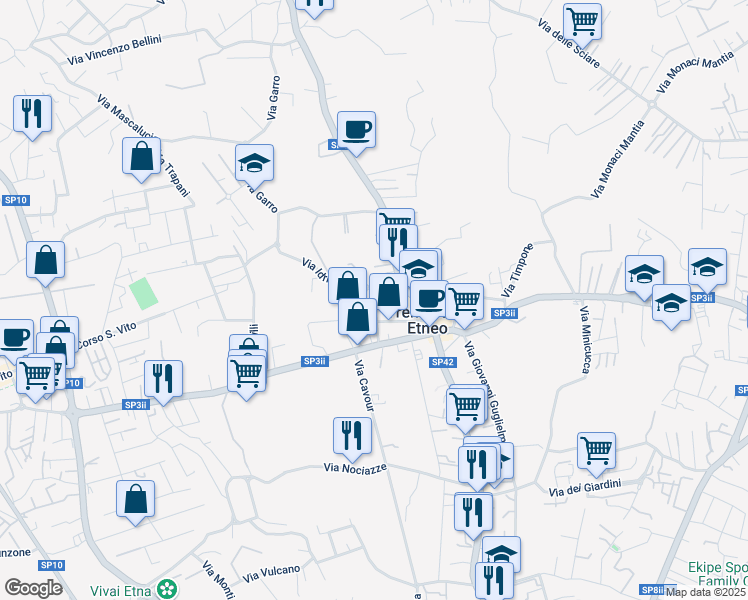 map of restaurants, bars, coffee shops, grocery stores, and more near 65 Via Vito Scalia in Tremestieri Etneo