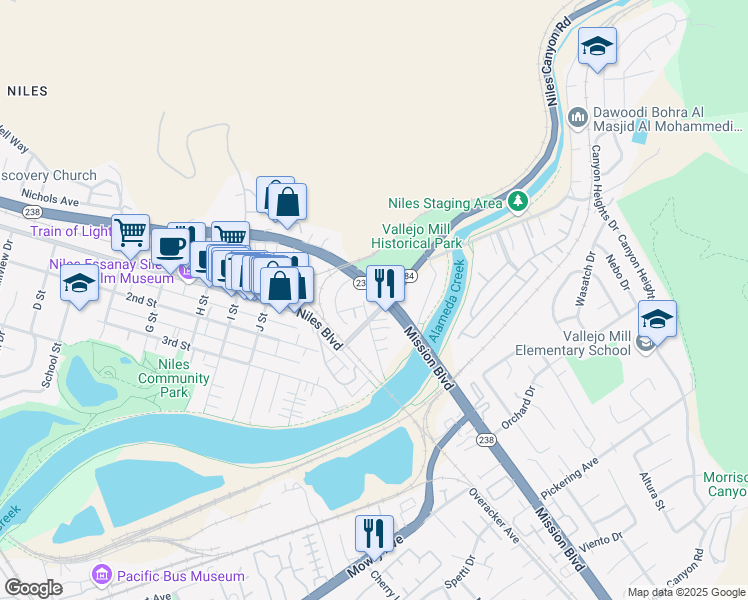 map of restaurants, bars, coffee shops, grocery stores, and more near 37926 Vallejo Street in Fremont