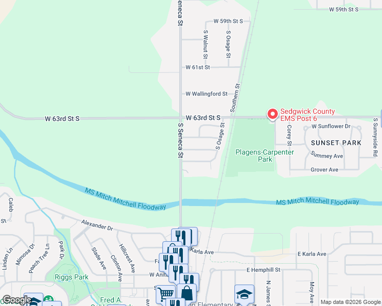 map of restaurants, bars, coffee shops, grocery stores, and more near 1011 Summey Street in Wichita