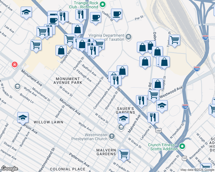 map of restaurants, bars, coffee shops, grocery stores, and more near 1708 Commonwealth Avenue in Richmond