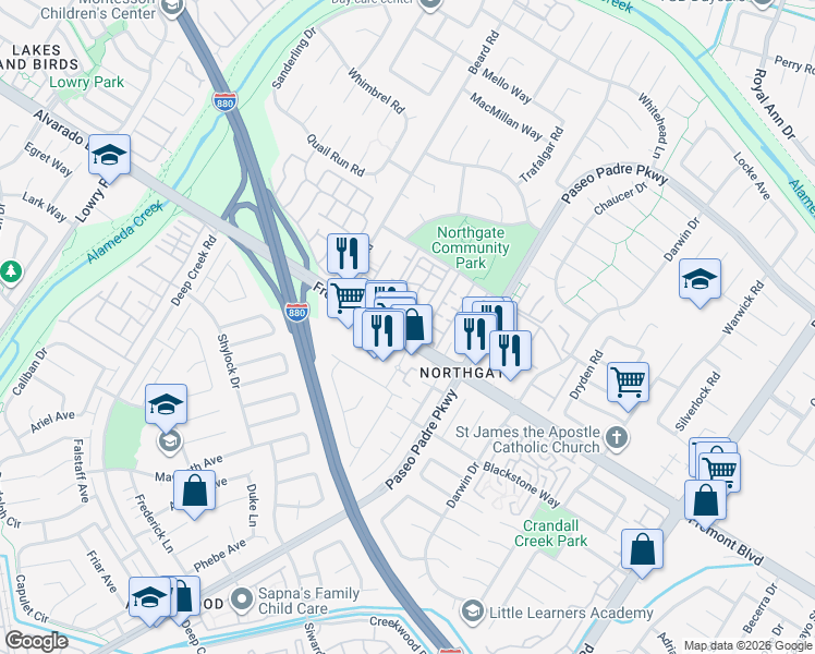 map of restaurants, bars, coffee shops, grocery stores, and more near 34093 Westchester Terrace in Fremont