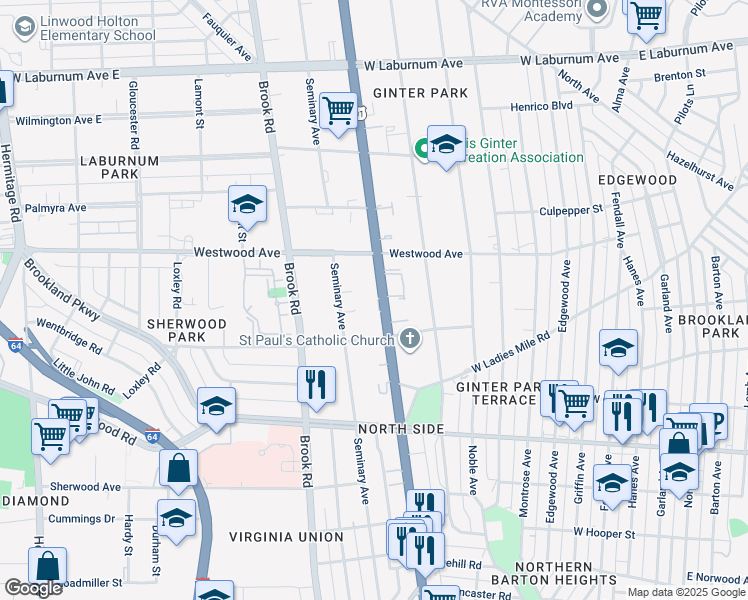 map of restaurants, bars, coffee shops, grocery stores, and more near 3208 Chamberlayne Avenue in Richmond