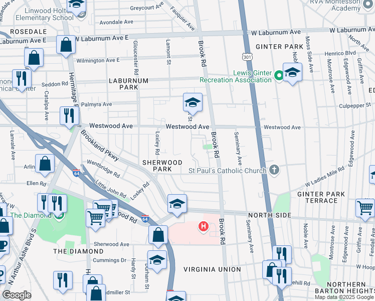 map of restaurants, bars, coffee shops, grocery stores, and more near 1311 Westwood Avenue in Richmond