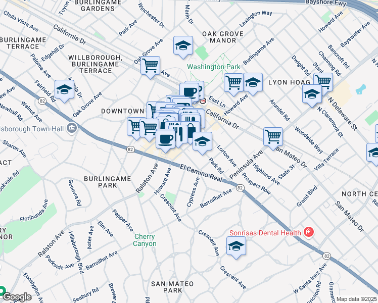 map of restaurants, bars, coffee shops, grocery stores, and more near 1345 Howard Avenue in Burlingame