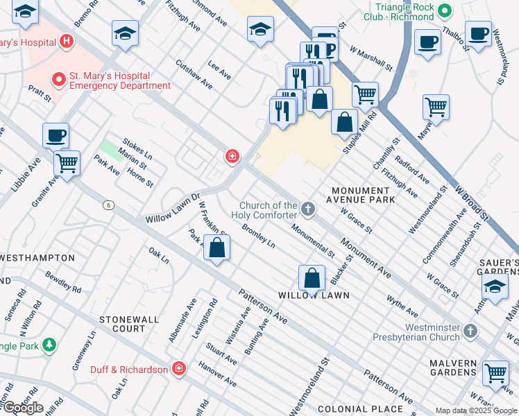 map of restaurants, bars, coffee shops, grocery stores, and more near 5007 Monumental Street in Richmond