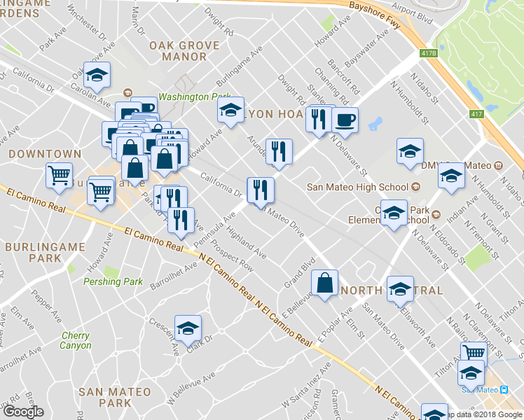 map of restaurants, bars, coffee shops, grocery stores, and more near 873 North San Mateo Drive in San Mateo
