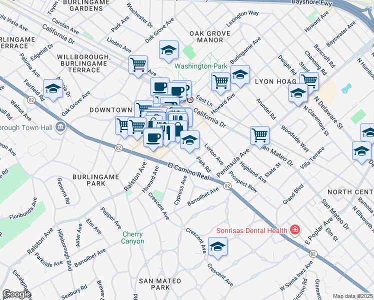 map of restaurants, bars, coffee shops, grocery stores, and more near 125 Park Road in Burlingame