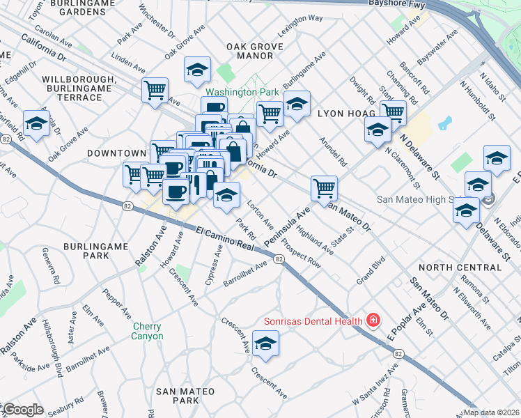 map of restaurants, bars, coffee shops, grocery stores, and more near 1155 Bayswater Avenue in Burlingame