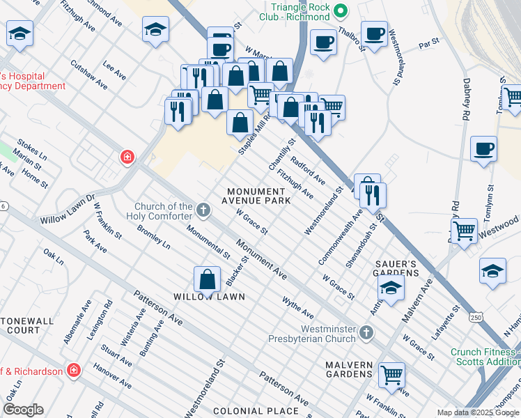 map of restaurants, bars, coffee shops, grocery stores, and more near 4711 Cutshaw Avenue in Richmond