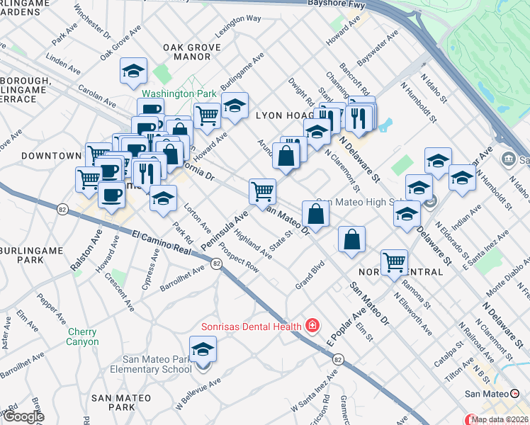 map of restaurants, bars, coffee shops, grocery stores, and more near 873 North San Mateo Drive in San Mateo