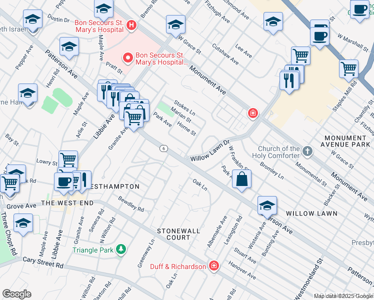 map of restaurants, bars, coffee shops, grocery stores, and more near 5301 Snowden Lane in Richmond