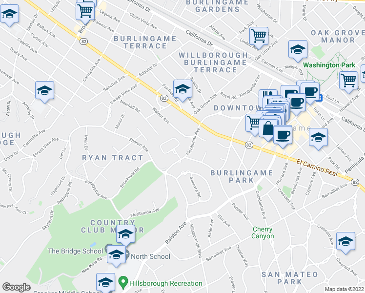 map of restaurants, bars, coffee shops, grocery stores, and more near 1660 Floribunda Avenue in Hillsborough