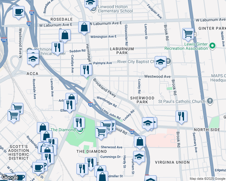 map of restaurants, bars, coffee shops, grocery stores, and more near 1516 Brookland Parkway in Richmond