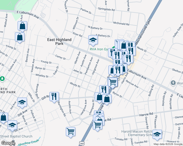 map of restaurants, bars, coffee shops, grocery stores, and more near 3610 Hargrove Avenue in Richmond