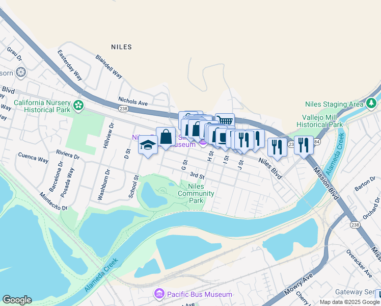 map of restaurants, bars, coffee shops, grocery stores, and more near 185 G Street in Fremont