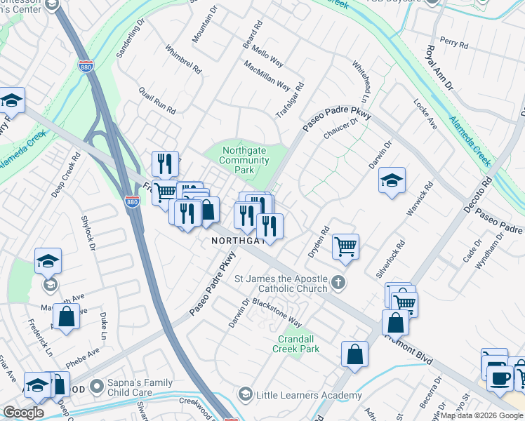 map of restaurants, bars, coffee shops, grocery stores, and more near 34050 Paseo Padre Parkway in Fremont