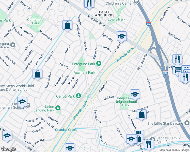 map of restaurants, bars, coffee shops, grocery stores, and more near 4460 Sandpiper Court in Fremont