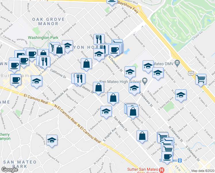 map of restaurants, bars, coffee shops, grocery stores, and more near 407 Villa Terrace in San Mateo