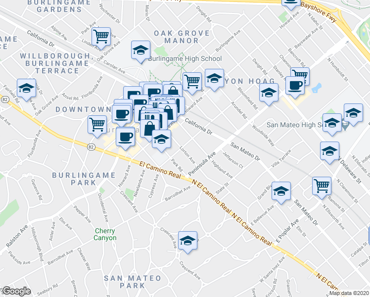 map of restaurants, bars, coffee shops, grocery stores, and more near 1155 Bayswater Avenue in Burlingame