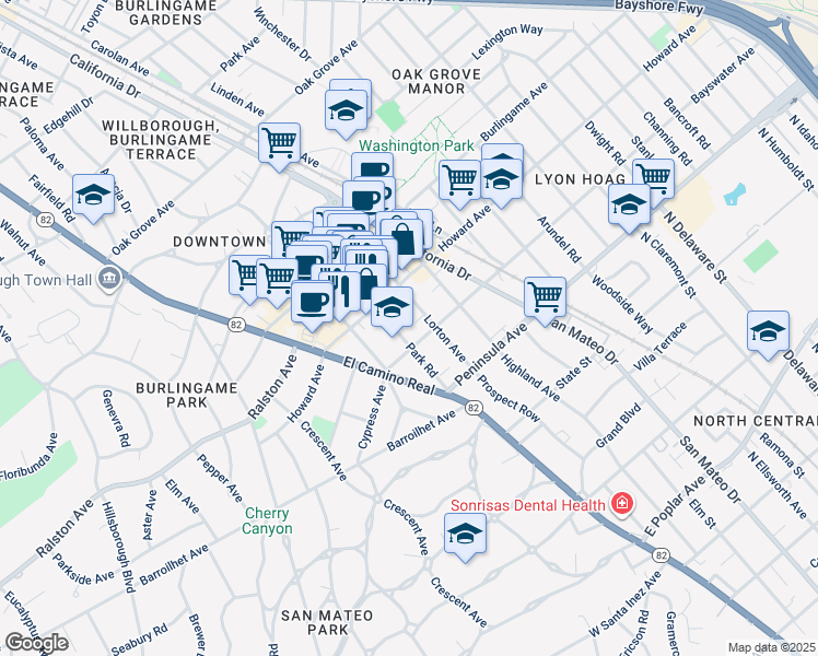 map of restaurants, bars, coffee shops, grocery stores, and more near 110 Park Road in Burlingame