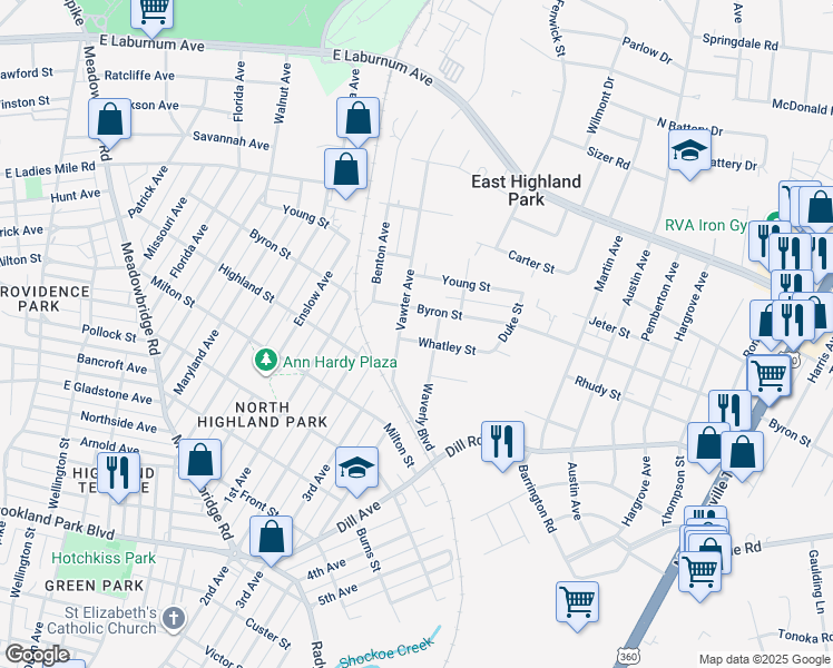 map of restaurants, bars, coffee shops, grocery stores, and more near 1406 Whatley Street in Richmond