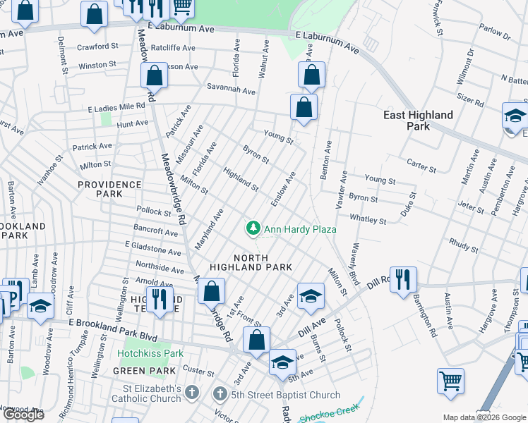 map of restaurants, bars, coffee shops, grocery stores, and more near 3406 Enslow Avenue in Richmond