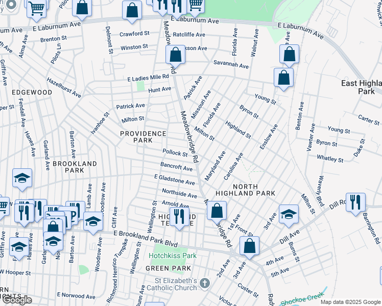 map of restaurants, bars, coffee shops, grocery stores, and more near 3208 Delaware Avenue in Richmond