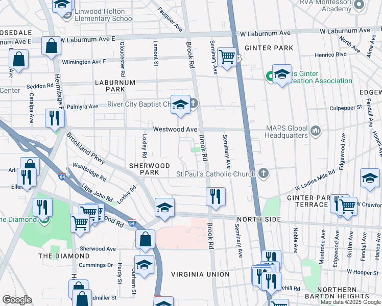 map of restaurants, bars, coffee shops, grocery stores, and more near 3220-3398 Brook Road in Richmond
