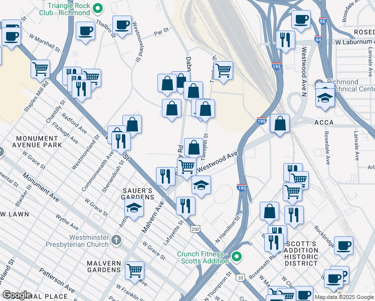 map of restaurants, bars, coffee shops, grocery stores, and more near 1506 Tomlynn St in Richmond